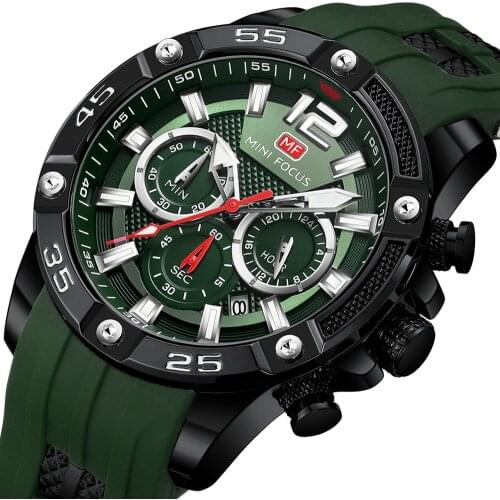 MINI FOCUS Luxury Brand Mens Wristwatch Quartz Watch Men Waterproof Green Silicone Strap Fashion Reloj Hombre Relogio Masculino