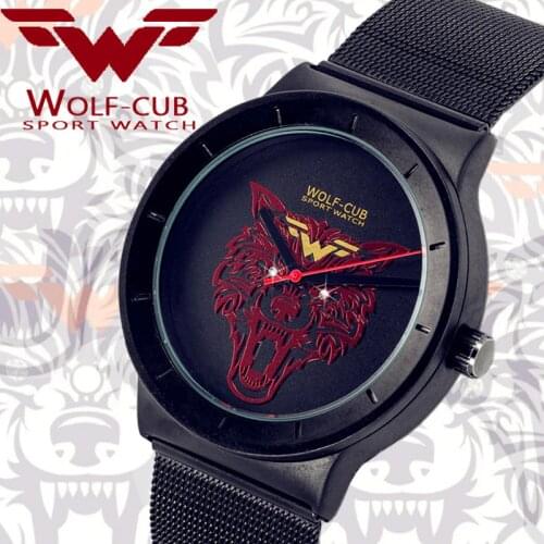 Men Watch Creative Wolf head Sport Stainless Steel Mesh Strap Quartz Watches Male Fashion Wristwatch Relogio Masculino WOLF-CUB