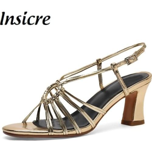 Insicre New Arrival Gold Square High Heel Sexy Gladiator Sandals Women Summer Peep Toe Ankle Strap Wedding Party Slingback Shoe