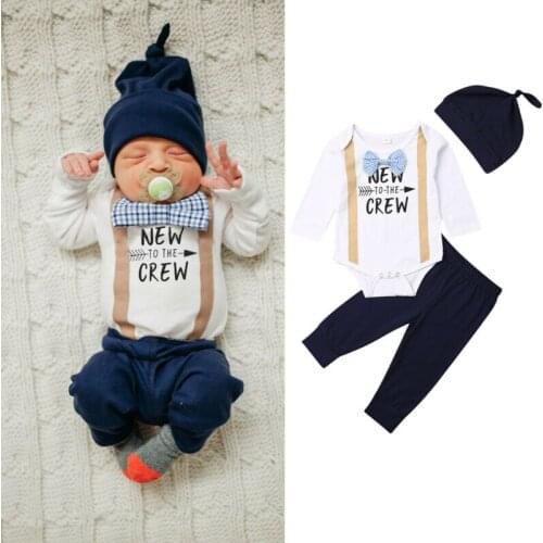 2020 Autumn Winter Infant Baby Boys Gentlemen Clothing Set Bow Tie Romper+Long Pants+Hat 3Pcs Cotton Outfits 0-18 Months