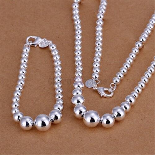 Silver 925 Jewelry Set for Women Fashion Ball Beads Buddha Chain Necklace Bracelet 2 pcs Bridal Wedding Party Jewellery Sets