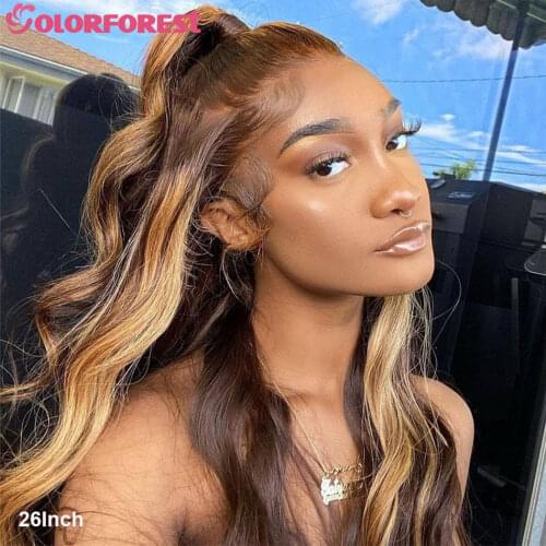 Malaysian Transparent Lace Frontal Wig 28” 30“ Highlight Lace Front Human Hair Wigs Glueless Highlight Body Wave Wig Human Hair