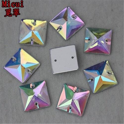 Micui 100PCS 16mm AB Clear Square Acrylic Rhinestones Crystal Flat Back Beads Sew On 2 Holes Stones For Clothing Craft ZZ166