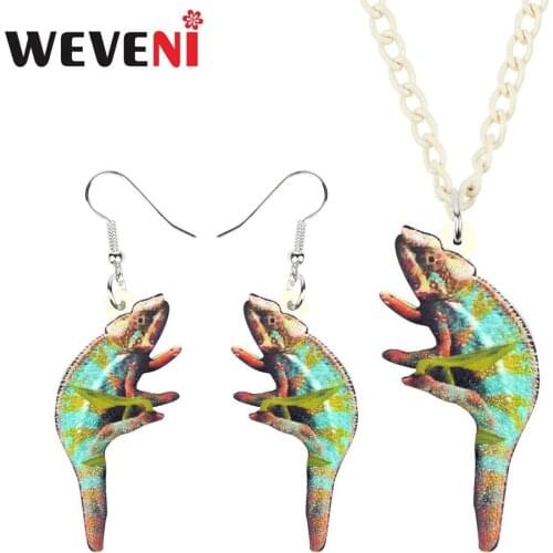 WEVENI Acrylic Jewelry Sets Green Wild Lizard Necklace Earrings Chain Collar Animal Pendant For Women Girls Charms Lots Gift