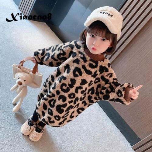 Autumn Winter Girls Lambswool Long Sleeve Dress Children Thick Warm Leopard Tops Kids Toddler Casual Fall Dresses for Girls 6 8