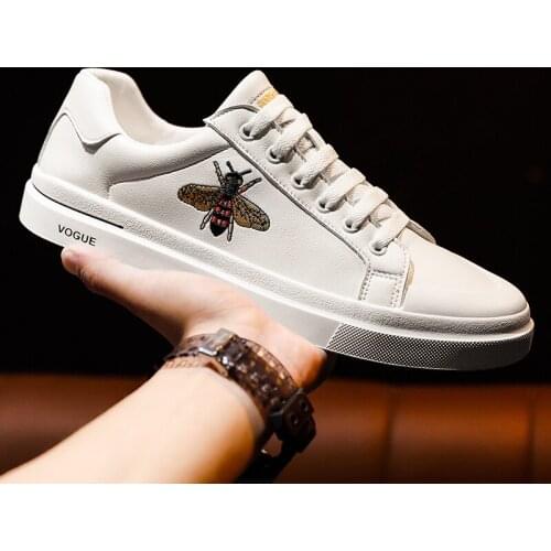 Autumn Casual Shoes Men PU leather Bees White Sneakers Comfortable Men Business Flat Shoes Lace Up Footwear Chaussure Homme