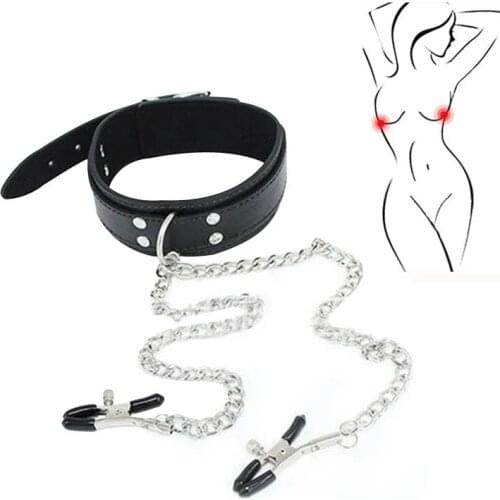 Gothic Leather Choker Collar with Nipple Breast Clamp Clip Chain Couple BDSM Erotic Sex Toys for Woman Adult Bondage Games