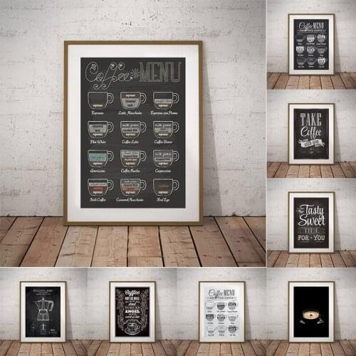 Coffee Types Menu Art Prints Vintage Style Chalkboard Poster Cafe Wall Art Canvas Painting Black White Picture Kitchen Decor