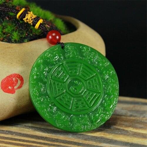 Natural Green Hand Carved Twelve Zodiac Taiji Bagua Jade Pendant Fashion Boutique Jewelry Mens and Womens Bagua Necklace