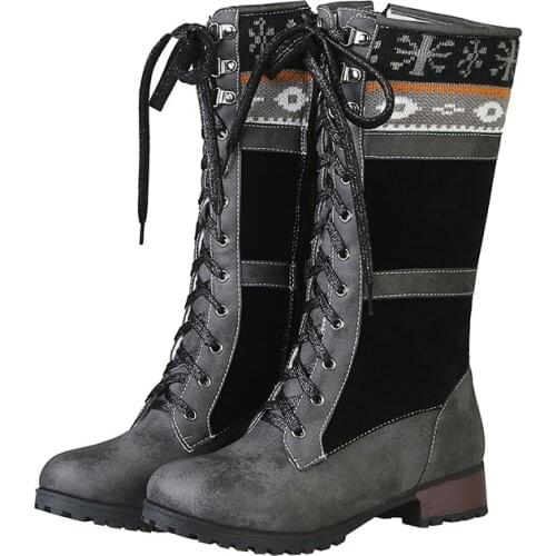 Casual winter warm round toe knee-high boots color matching zipper black grey medium heel thick motorcycle boots womens shoes