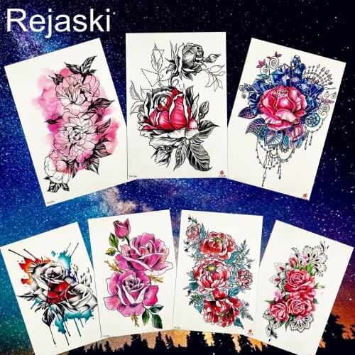 REJASKI Geometric Rose Peony Triangle Temporary Tattoo Sticker Watercolor Tattoos Body Art Arm Fake Sexy Tatoo Women Girls