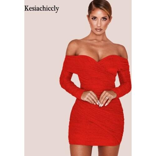 Kesiachiccly Sequined Slash Neck Red Sexy Autumn Christmas Dress Women Ruched Long Sleeve Mesh Draped Club Party Bodycon Dresses
