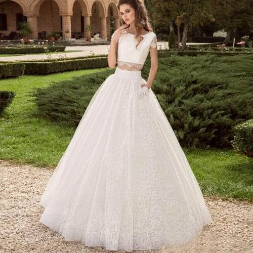 Sexy Two Pieces Wedding Dresses Custom Made Scoop Cap Sleeves A-line Lace Bridal Gown Plus Size Robe de Mariage