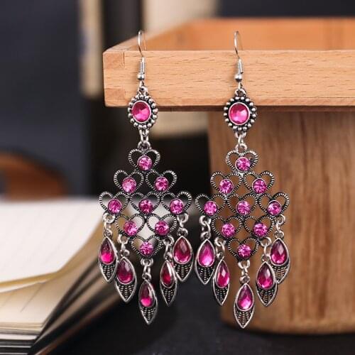 Bohemian Ethnic Style Rhinestone Earrings for Women Vintage Multilayer Hollow Peach Heart Geometric Long Drop Earrings Jewelry