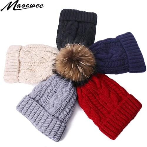 Real Fur Pompom Hat With Lining Winter Hats Female Cap High Quality Cotton Outdoor Leisure Warm Skullies Solid Color Woman 2019