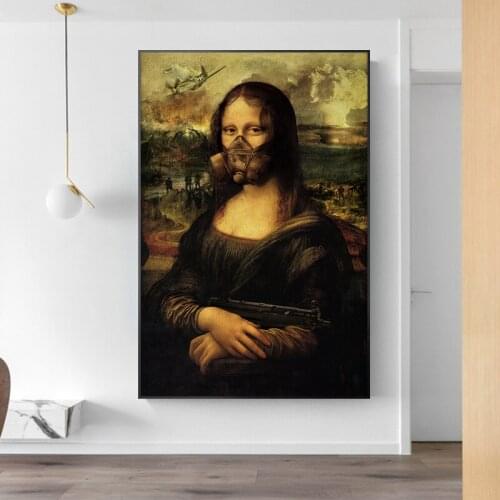 Funny Art Mona Lisa Hold A Gun In The War Wall Art Pictures Canvas Paintings Posters and Prints for Living Room Decor