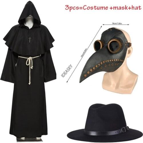 Halloween Medieval Hooded Robe plague doctor costume mask hat for men Monk Cosplay Steampunk Priest horror Wizard Cloak Cape