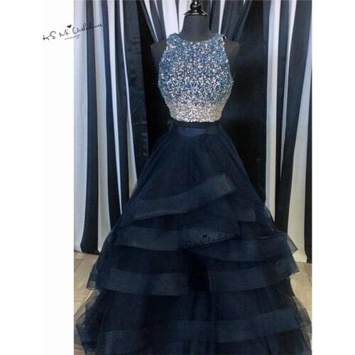 Navy Blue Long Prom Dresses with Rhinestones Ruffles Skirt 2 Piece Formal Evening Gowns Vestido de Formatura Ball Gown Gala Jurk