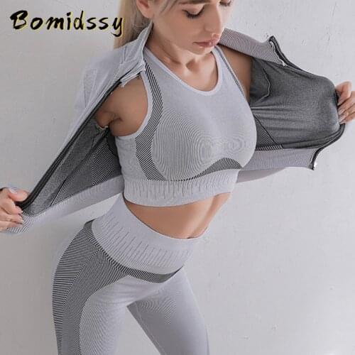 Womens Autumn Winter Seamless Fitness Wear Zipper Shirt Sports Bra Gym High Waist Leggings Suit Hip-Lifting Elastic Yoga Pants