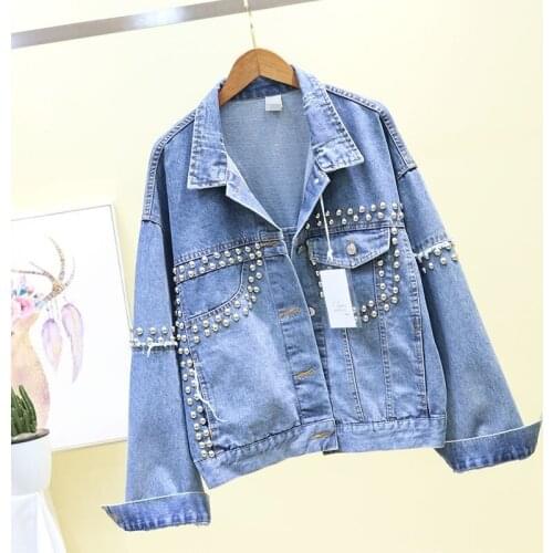 Brand High Quality Loose Fit Women Jeans Jackets Rivet Long Sleeve BF Style Denim Coats Tops Lapel Single Breasted Ladies Jacket