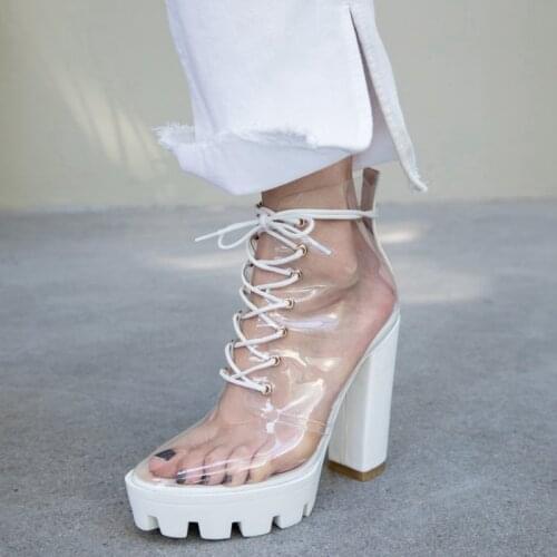 12cm Womens Square Heels Boots High Transparent Female Thick Platform Clear lace-up Shoes Nightclub Catwalk Boots Big Size 41