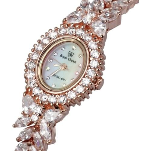 Royal Crown Jewelry Womens Watch Prong Setting Cubic Zircon Luxury Full Crystal Mother-of-pearl Lady Clock Girls Gift Box