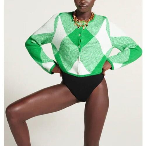 BM UR HM ZA Womens 2021 early autumn new fashion and wild retro single-breasted diamond pattern jacquard short knitted cardigan