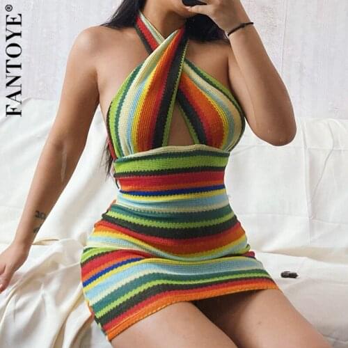 Fantoye Slim Backless Halter Women Dress Sleeveless Criss Cross Knitted Dress Ladies Summer Sexy Skinny Partywear Vestidos 2021