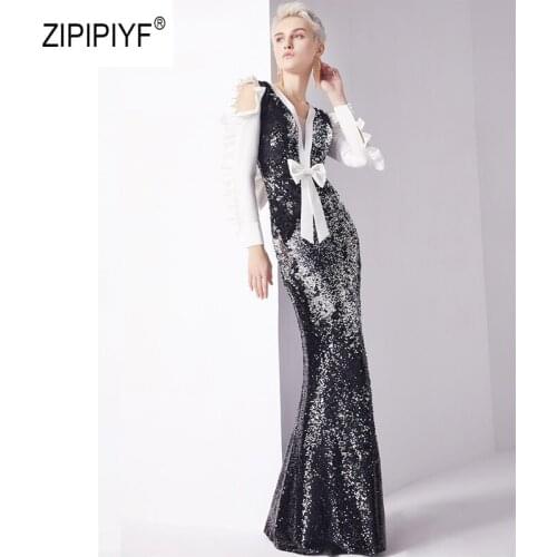 Original Bowknot Womens Elegant Butterfly Sleeves Black&White Patchwork Sequins Maxi Dress Runway Deep V-NECK Party Dress AB287