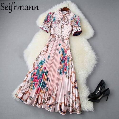 Seifrmann New 2021 Summer Women Fashion Runway Pleated Dress Lantern Sleeve Bow Lace High Waist Floral Print Party Midi Dresses