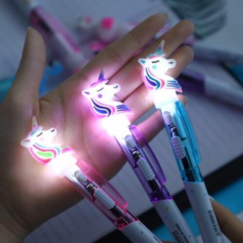 1 Pcs Creative Cartoon Unicorn Light Pen Cute Glowing Ballpoint Pen Student Stationery 1.0mm Writing Tool School Supplies