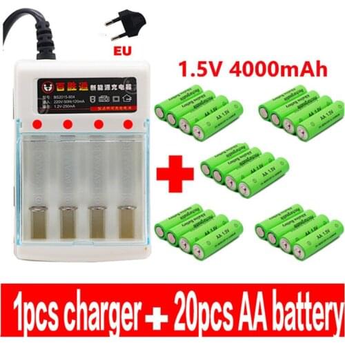 100% New AA battery 4000mAh rechargeable battery AA 1.5V Rechargeable New Alcalinas drummey +1pcs 4-cell battery charger