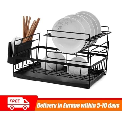 2 Tiers Kitchen Dish Drying Drain Rack Shelf Holder with Drainboard Tray Fork Cup Container Iron Organizer Drainer