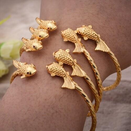 4Pcs/lot Dubai Gold Color luxury Cuff Gold Fish Bangles For Women Girls African wedding Jewelry Bride Bracelet For women