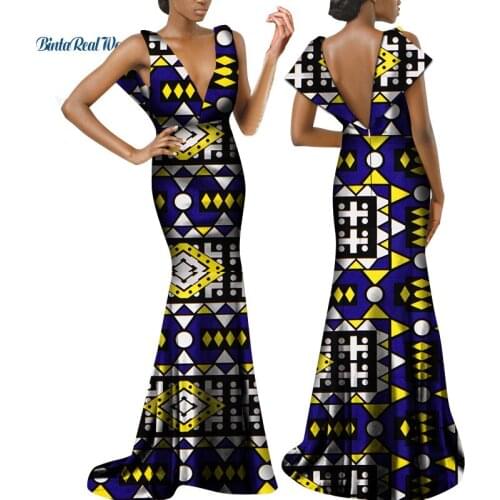 African Dresses for Women Backless Long Mermaid Evening Party Dress Deep V Neck Dashiki African Women Clothes Clothing WY7974