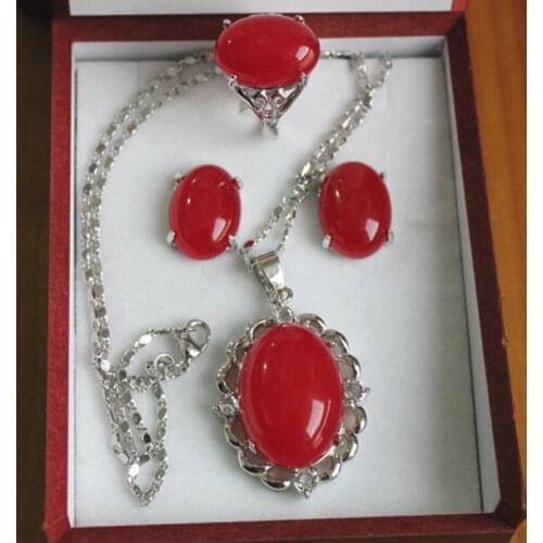 Free Shipping Wholesale 13*18mm silver plated red jadel ring, earrings &pendant fashion jewelry set