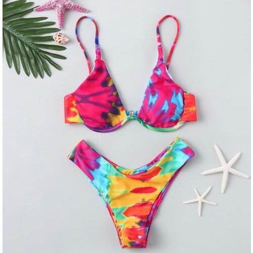 Tie Dye Bikinis 2021 Woman Brazilian Thong Bikini Push Up Swimsuit Summer Sexy Bandage Swimwear Women Bathing Suit Padded