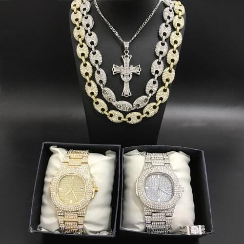 Hip Hop Men Gold Silver Color Coffee Bean Full Gold Necklace Chain Men Watch & Necklace & Ring Combo Set Ice Out Cuban For Men