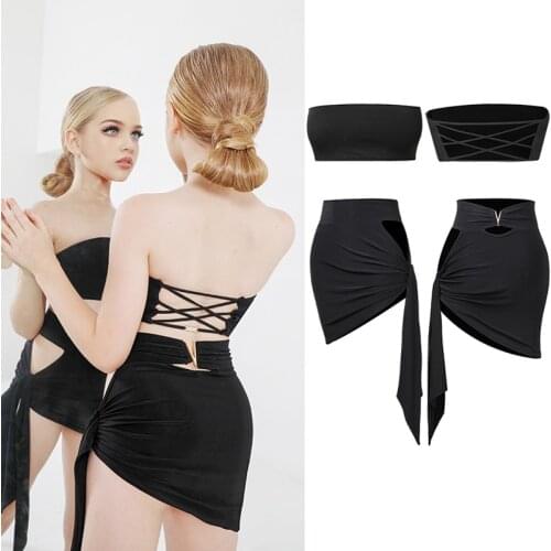 Kids Girls Latin Dance Costumes Summer Non-Slip Strapless Tops Black Skirt Latin Performance Competition Clothing Wear DNV14940