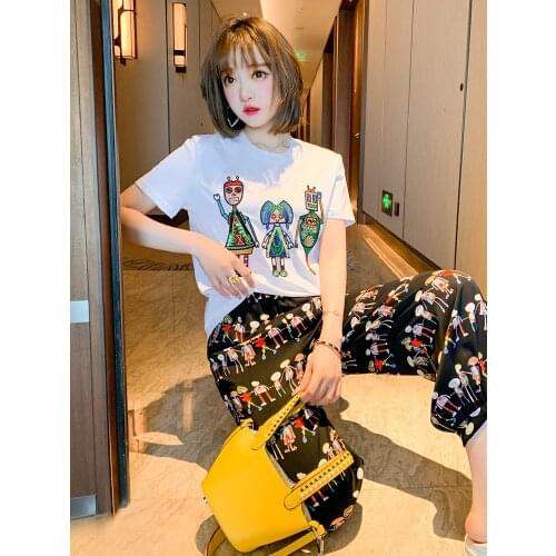 Embroidery sequins T-shirt + printing loose casual pants suit new female summer