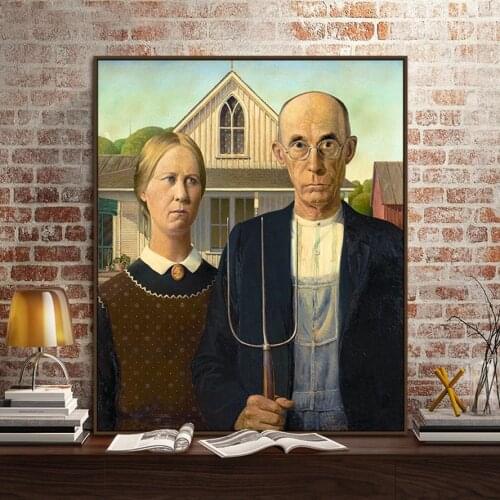 Artist Grant Wood American Gothic Oil Painting Reproductions Canvas Art Print Painting Poster, Wall Pictures For Living Room