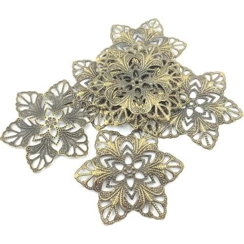 10Pcs Embelishment Connectors Bronze Tone Flower Hexagon Alloy Filigree Wraps Hollow Decoration Jewelry DIY Findings Craft 57mm