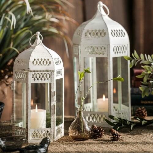 Creative Hollow Wrought Iron Retro Style Lamp Glass Lantern Romantic Candlestick Wedding Courtyard Decoration Ornaments lucky