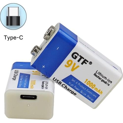 Li-ion usb rechargeable battery c type, gtf, nova, 9v, 1000mah, rechargeable, for multimeter, microphone, toy, remote control, k