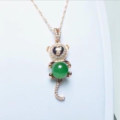A Cute Jasper Monkey Necklace with A Silver Hetian Jade Pendant Set