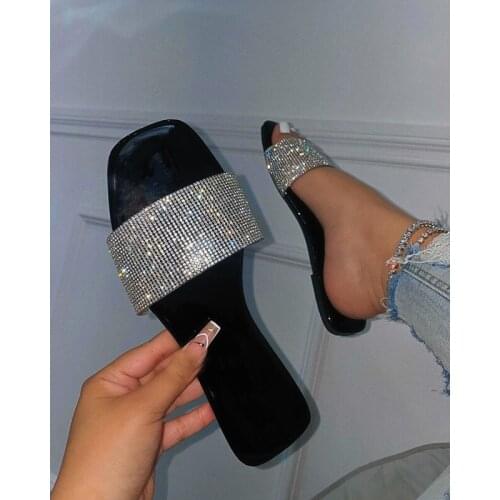 Fashion sexy 2021 summer new style Roman rhinestone flat solid color square head outdoor female slippers Plus Size