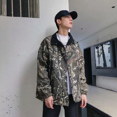 2 Side Wearable Vintage Camouflage Jacket Stand Collar Windbreaker Autumn Spring Male Coat Streetwear Sportswear 2021