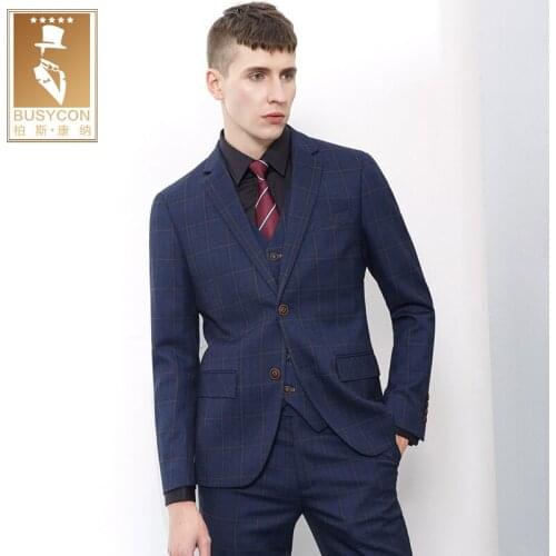 Navy Blue Mens Plaid Suits Wedding Groom Latest Coat Pant Designs Slim Fit Custume Tuxedo 3 Piece Dinner Jacket Vest and Pants