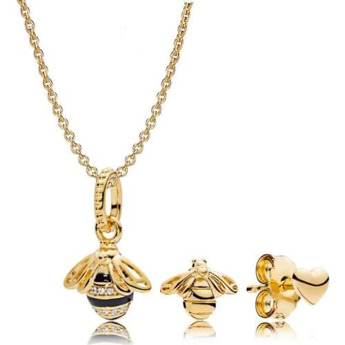NEW 2018 NEW 100% 925 Sterling Silver New 1:1 Genuine Cute Bee 18 Gold Necklace Earrings Pendant Chain Jewelry Set