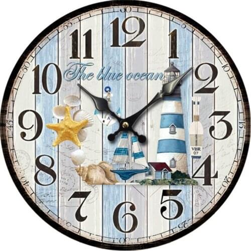 New Ocean Retro Wooden Wall Clock Large Vintage Rustic Shabby 30cm Quartz Silent Wall Clock Non -Ticking Kitchen Bedroom Decor